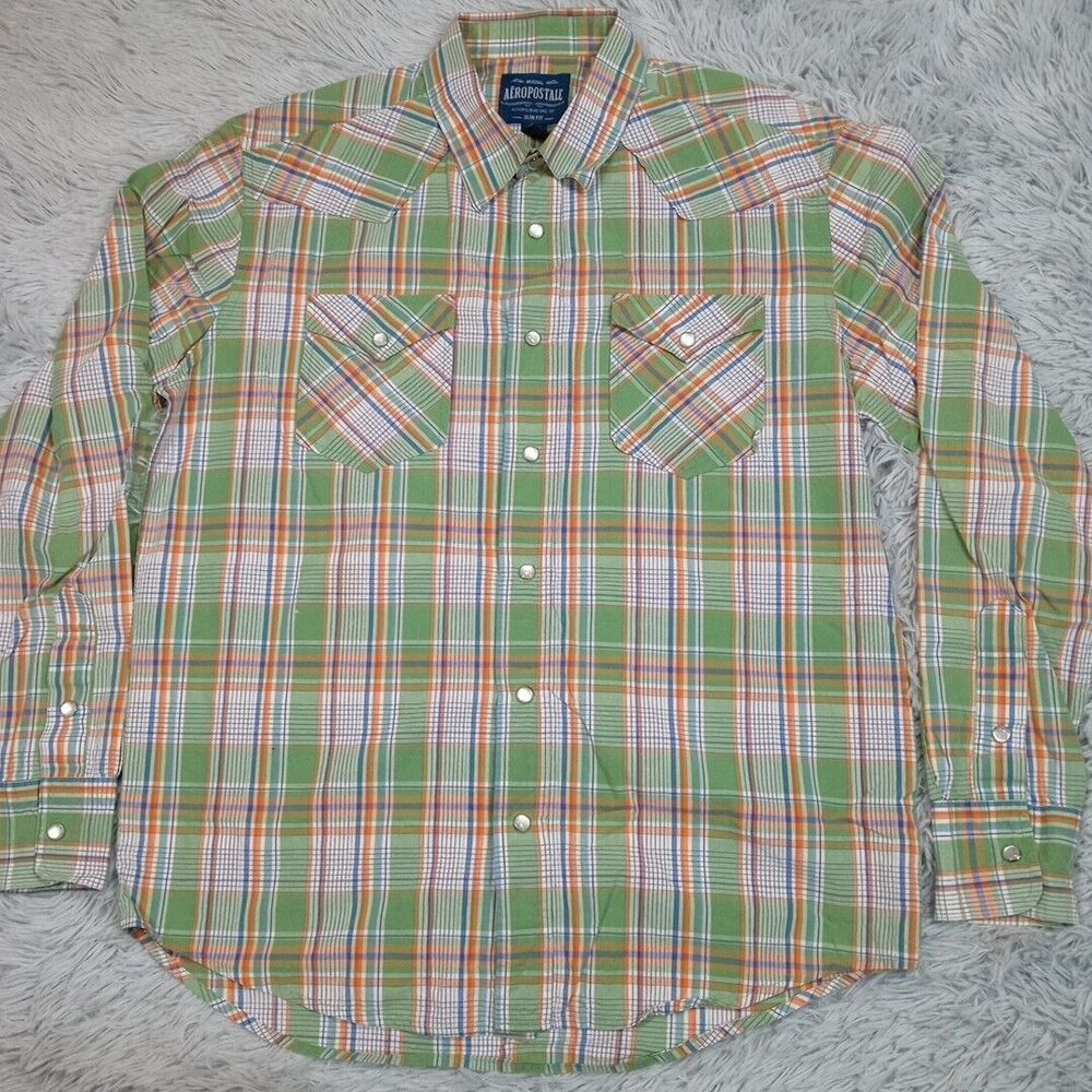 Vintage Aeropostale Shirt Mens M Green Plaid Western Pearl Snap Chore Workwear